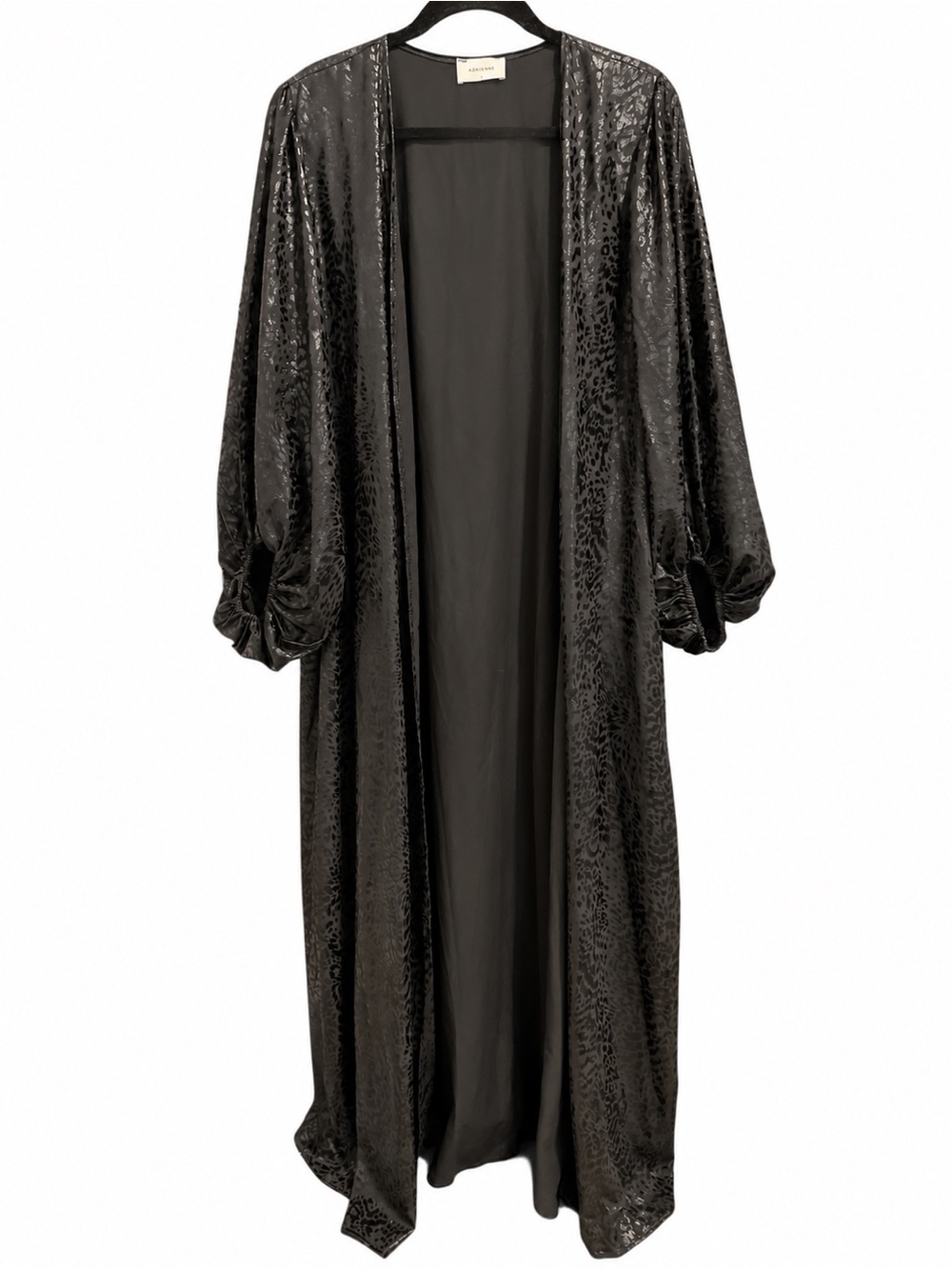 Adrienne Black Shiny Leopard Long Kimono Duster Coat